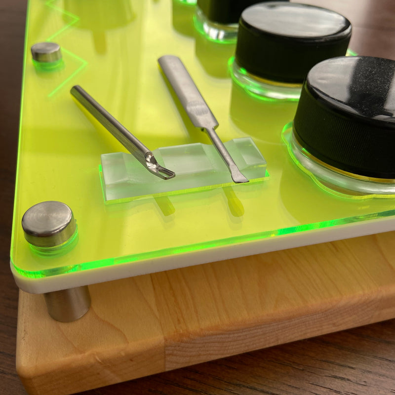 E Tray Concentrate Dab Session Organizer & Cleaning Station~ Science Themed Cannabis THC Symbol Etched Neon Acrylic Top