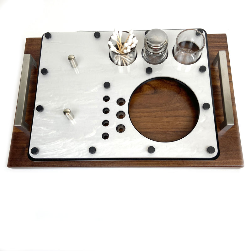 Our Zendo compatible tray is shown as it is sold. One  cutout for the Zewnco vaporizer and two cafe glass holders.
