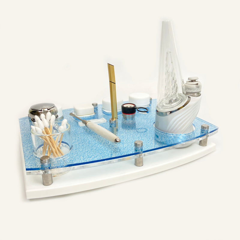 Limited Edition ~ Puffco Rig Station Dab Organizer Tray with White Corian Base and Tidal Mist Top Includes ISO Dispenser and Swab Jar