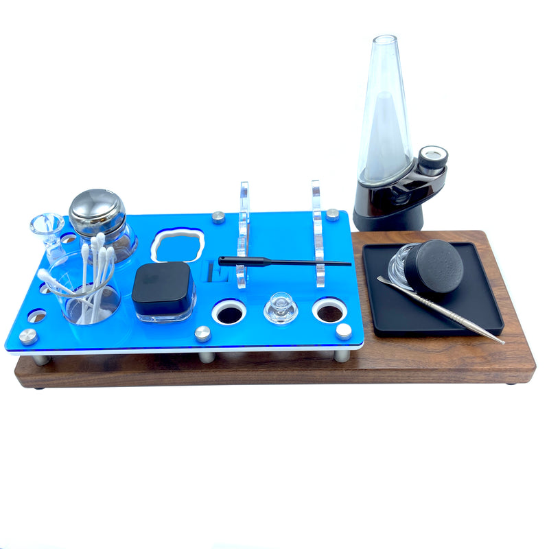 Concentrate Session Organizer and Dab Tool Holder with Silicone Easy-Clean Mat ~ by E-Trays ~ 15X6" Hardwood Base