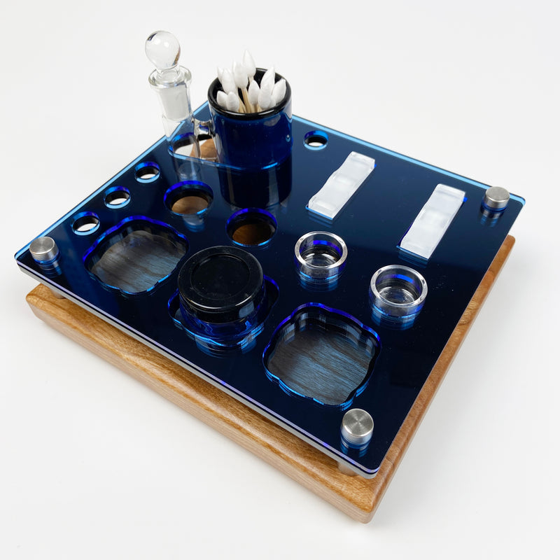 8X7 Mini Dab Concentrate Tray Cleaning Station with Art Glass ISO Swab Jar and Banger / Carb Cap Storage ~ Compact Dab Session Organizer