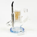 Innova Plus is the BEST Dab ISO Cleaning station. It holds Isopropyl alcohol, Q-Tip swabs, tools and bangers in the glass side pieces. The angled spout makes it easy to fill and easy to access your cleaning fluid. Shown with the blue accent base.