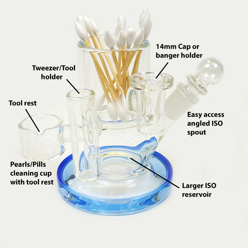 Keep your dab session organized and your gear clean with our INNOVA Plus ISO staton.  The large reservoir has an angled spout for easy access. One side cup to hold pearls and a tube for tweezers or other dab tools makes this station unique. Blue base