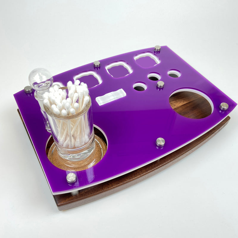 Puffco Peak or Pro Rig Station organizer tray in purple acrylic on a walnut wood base with extra large swab/ISO  decanter