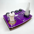 Puffco Peak or Pro Rig Station organizer tray in purple acrylic on a walnut wood base