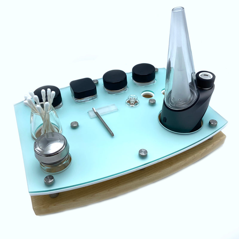 E-Trays Sea Glass Dab Rig Station Organizer for Puffco Brand Peak or Pro Portable Cannabis Vaporizer ~ Stainless / Glass ISO Pump, Swab Vase