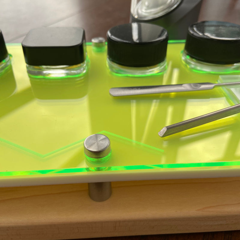 E Tray Concentrate Dab Session Organizer & Cleaning Station~ Science Themed Cannabis THC Symbol Etched Neon Acrylic Top