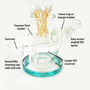 This multi-function INNOVA Plus dab ISO station will keep your session clean up organized. With A large ISO reservoir and side pieces for tools and what knots it will become your go to glass piece. Shown with the teal accent base.