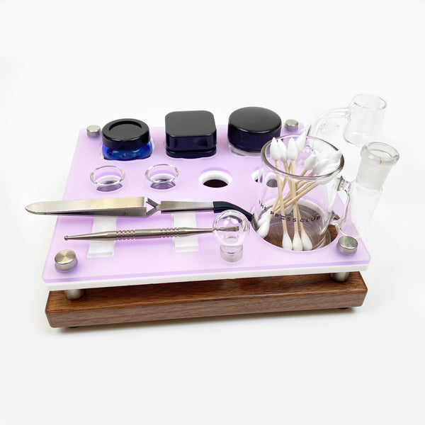 8X7 Mini Dab Concentrate Tray Cleaning Station With The Press Club ISO Swab Jar and Banger / Carb Cap Storage in Frost Lilac on a Walnut Base