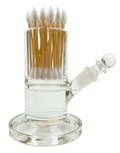 Our clear glass dab rig cleaning station stores swabs in an easy to access holder that is positioned atop the large alcohol chamber. An angled glass spout makes it easy to reach the ISO and easy to refill. The glass stopper prevents evaporation.